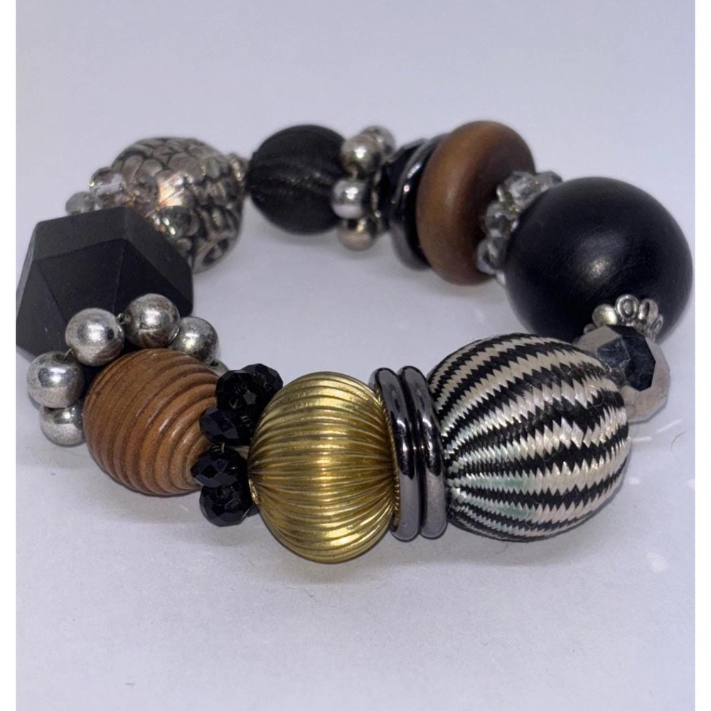 Vintage Wooden, Gold & Silver Tone Black Beads Chunky Stretch Bracelet